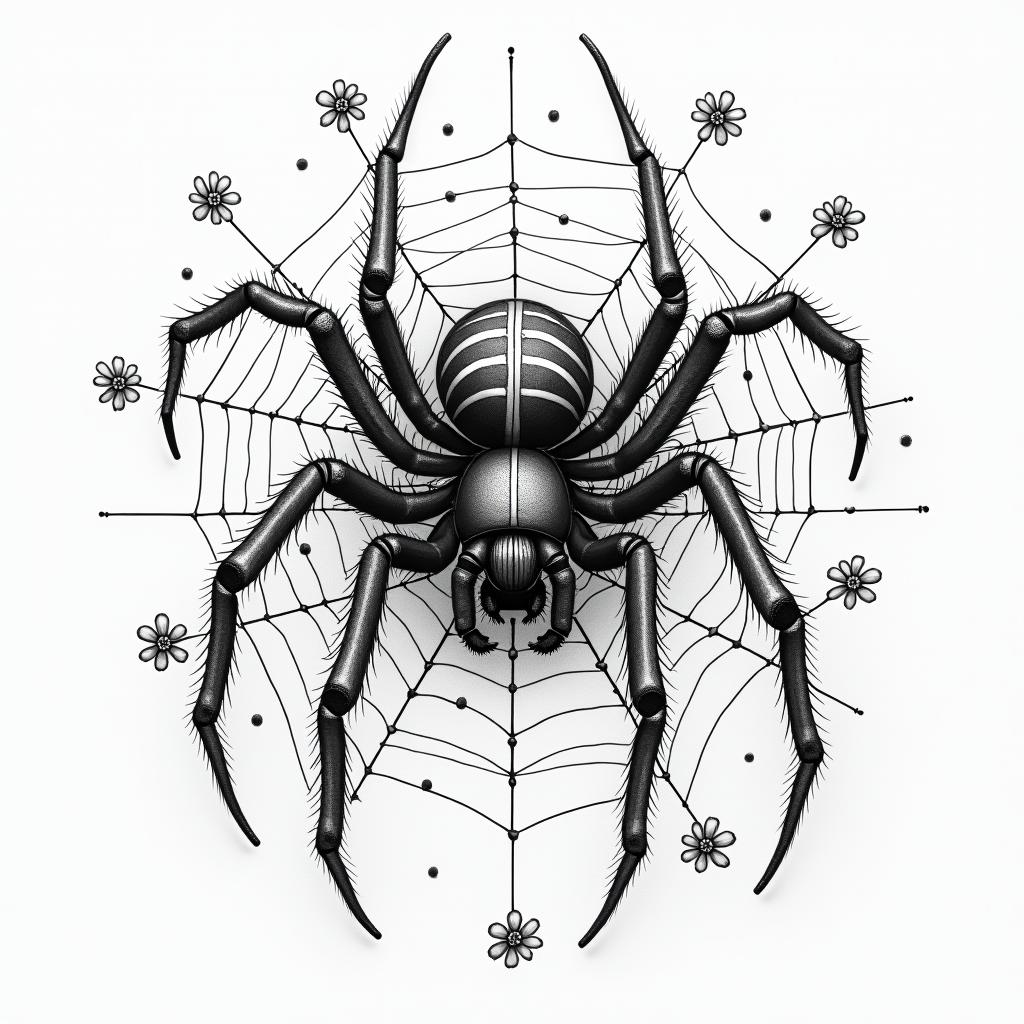 Small spider on web with lots of flowersin japanese style tattoo, detailed tattoo, traditional japanese culture tattoo, mythology, 8k - Variation 27