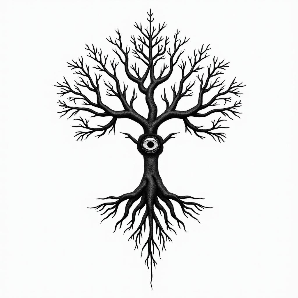 Tree of life with roots and branchesin spiritual symbols tattoo style, featuring an intricate design incorporating elements, Hamsa hand, third eye, minimalist composition - Variation 10