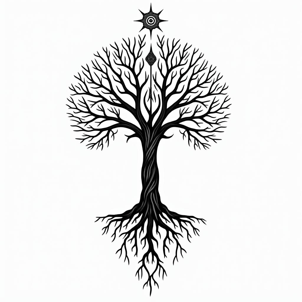 Tree of life with roots and branchesin spiritual symbols tattoo style, featuring an intricate design incorporating elements, Hamsa hand, third eye, minimalist composition - Variation 9