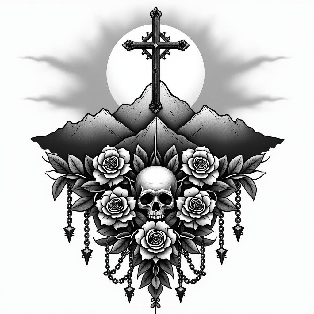Mountain range with a rising sunin chicano style tattoo, featuring intricate black and grey shading, bold elements of traditional chicano culture symbols, add a big cross with skull, chains and roses - Variation 4