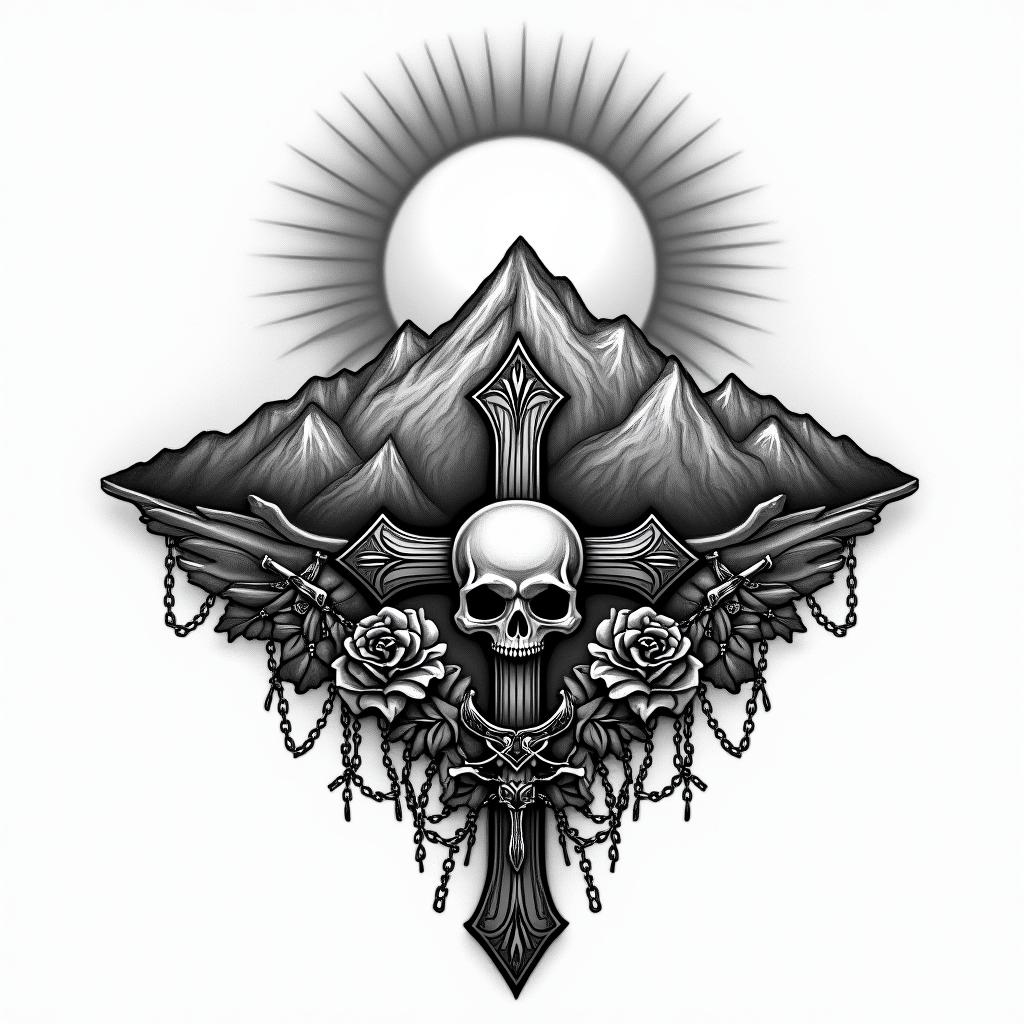 Mountain range with a rising sunin chicano style tattoo, featuring intricate black and grey shading, bold elements of traditional chicano culture symbols, add a big cross with skull, chains and roses - Variation 2