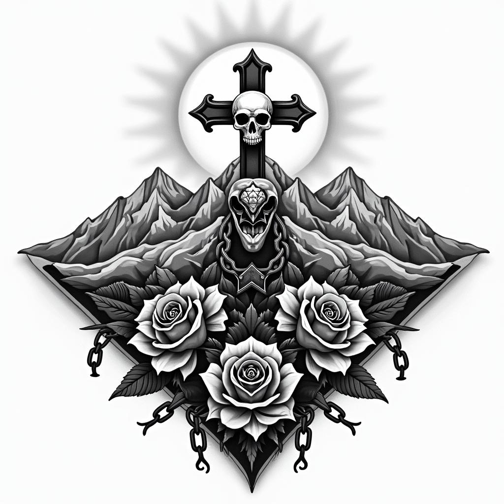 Mountain range with a rising sunin chicano style tattoo, featuring intricate black and grey shading, bold elements of traditional chicano culture symbols, add a big cross with skull, chains and roses - Variation 3