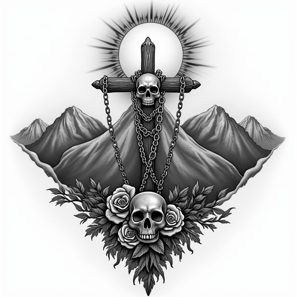 Mountain range with a rising sunin chicano style tattoo, featuring intricate black and grey shading, bold elements of traditional chicano culture symbols, add a big cross with skull, chains and roses