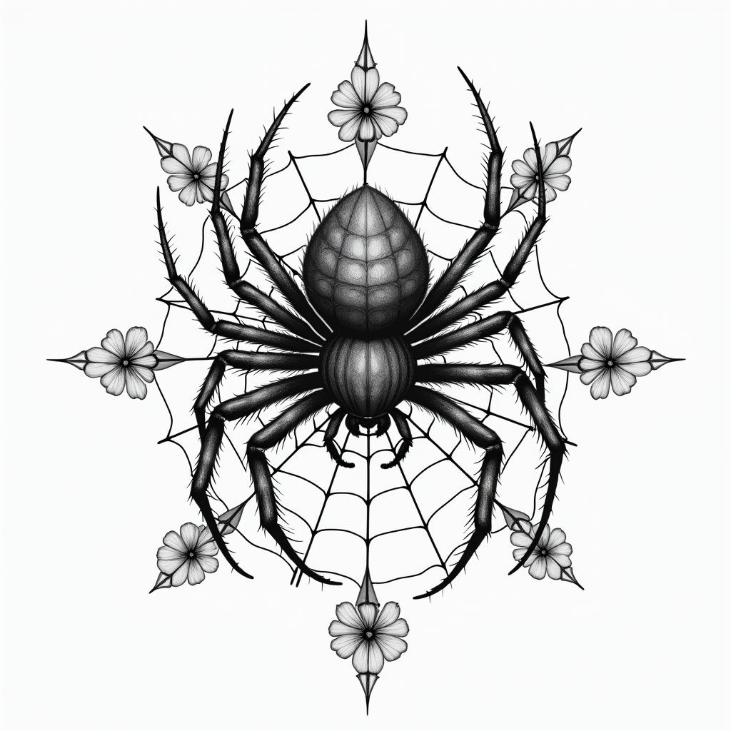 Small spider on web with lots of flowersin japanese style tattoo, detailed tattoo, traditional japanese culture tattoo, mythology, 8k - Variation 16