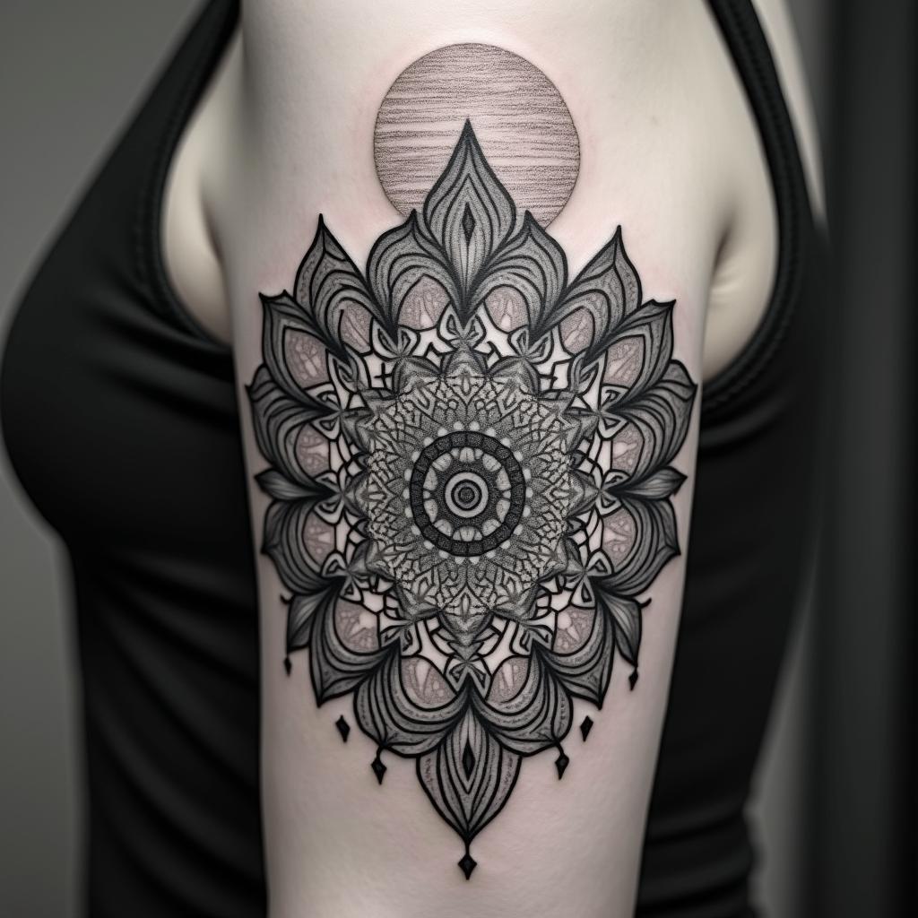 Mountain range with a rising sunin dotwork style tattoo, complex mandala patterns, interlocking geometric shapes with sharp symmetry, clean lines, sharp angles - Variation 4