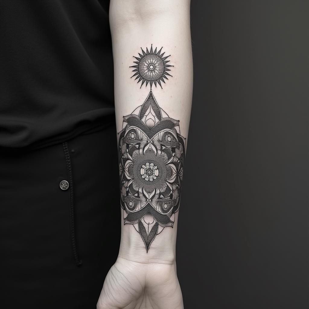 Mountain range with a rising sunin dotwork style tattoo, complex mandala patterns, interlocking geometric shapes with sharp symmetry, clean lines, sharp angles - Variation 2