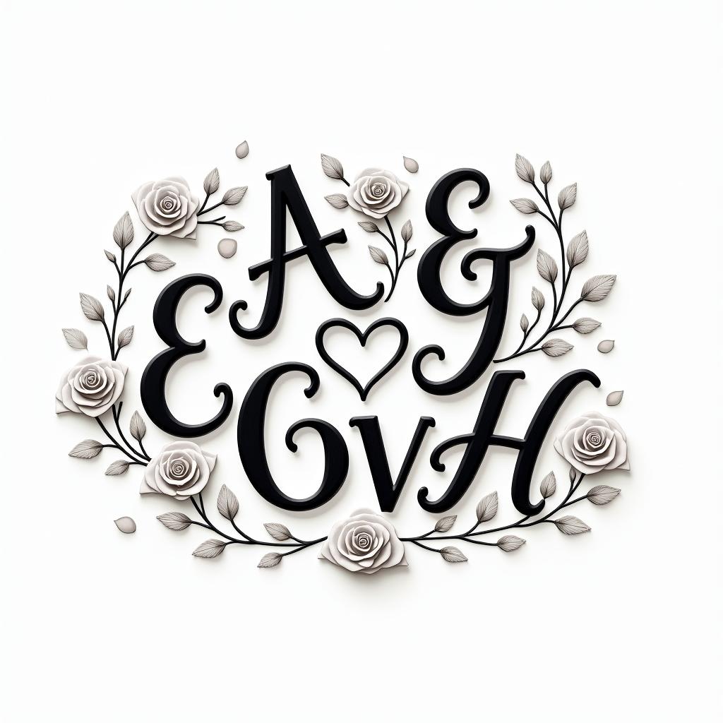 Letters a, e, c, v, h intertwined.in elegant cursive calligraphy style 2d tattoo, decorate with roses, featuring a smooth and flowing handwritten script with slightly thickened strokes for a luxurious and bold appearance,  heart symbol between names,  sleek and glossy black text with shadowing, minimalist matte white background, clean and sharp edges, illuminated with soft lighting, romantic, 8k, high-quality textures with refined typography - Variation 4