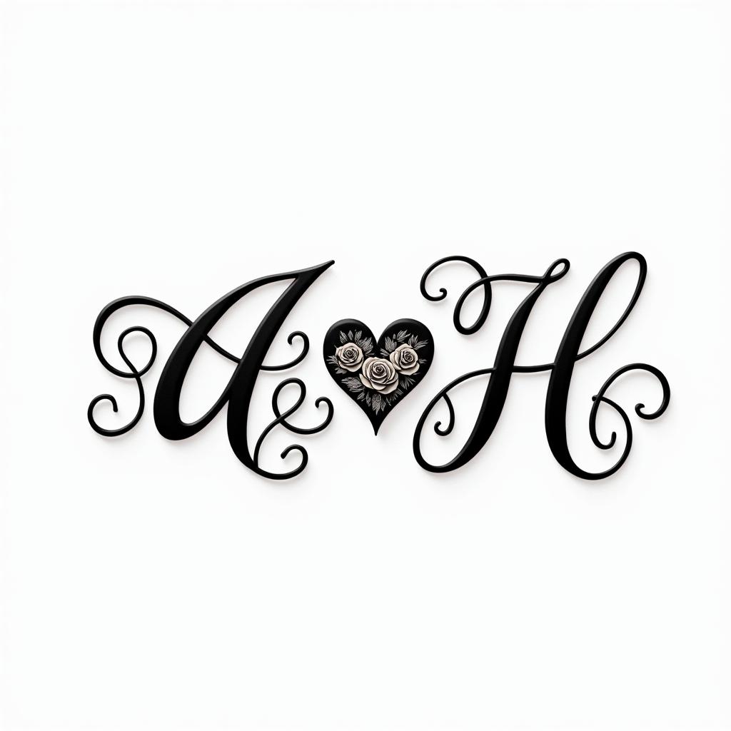Letters a, e, c, v, h intertwined.in elegant cursive calligraphy style 2d tattoo, decorate with roses, featuring a smooth and flowing handwritten script with slightly thickened strokes for a luxurious and bold appearance,  heart symbol between names,  sleek and glossy black text with shadowing, minimalist matte white background, clean and sharp edges, illuminated with soft lighting, romantic, 8k, high-quality textures with refined typography - Variation 2