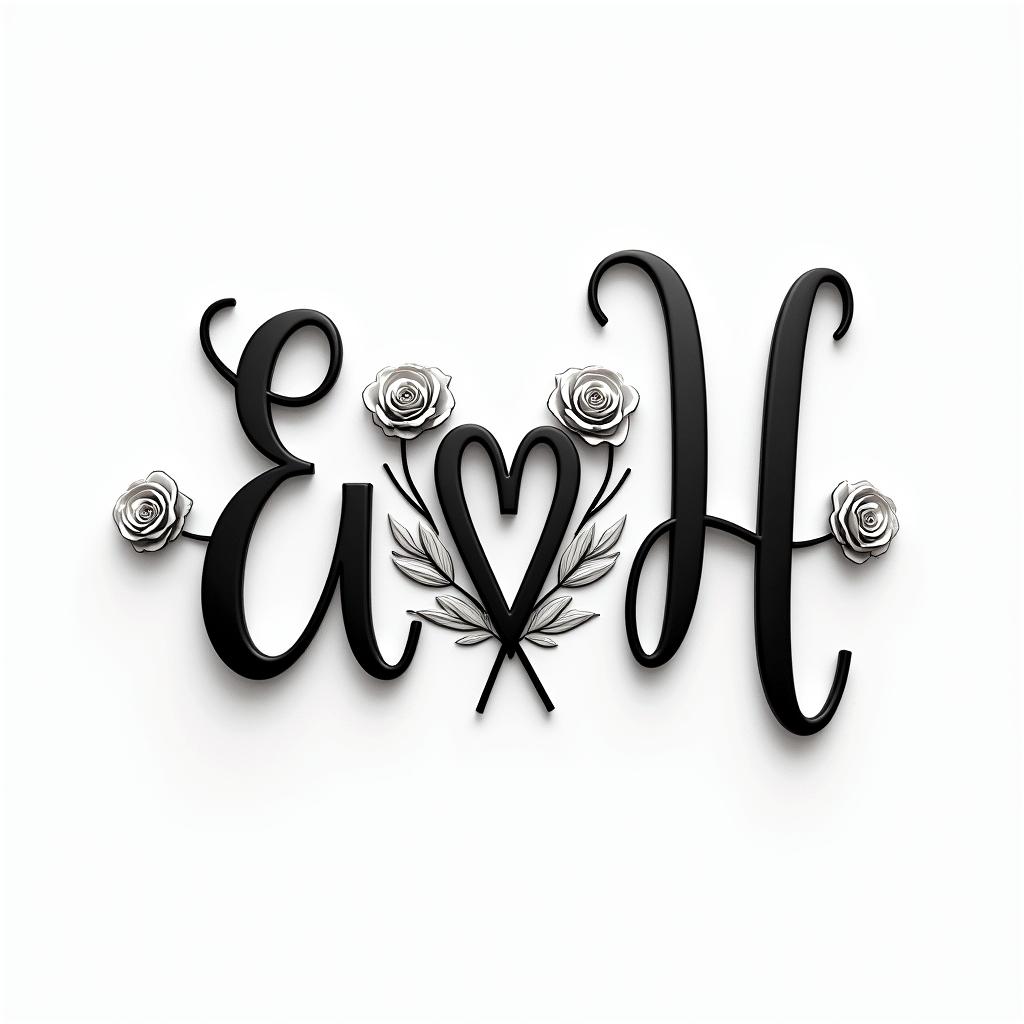 Letters a, e, c, v, h intertwined.in elegant cursive calligraphy style 2d tattoo, decorate with roses, featuring a smooth and flowing handwritten script with slightly thickened strokes for a luxurious and bold appearance,  heart symbol between names,  sleek and glossy black text with shadowing, minimalist matte white background, clean and sharp edges, illuminated with soft lighting, romantic, 8k, high-quality textures with refined typography - Variation 3