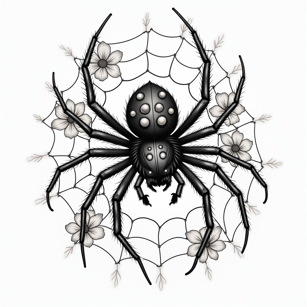 Small spider on web with lots of flowersin japanese style tattoo, detailed tattoo, traditional japanese culture tattoo, mythology, 8k - Variation 11