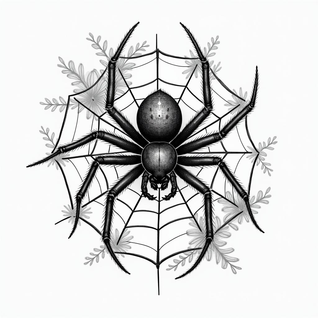 Small spider on web with lots of flowersin japanese style tattoo, detailed tattoo, traditional japanese culture tattoo, mythology, 8k - Variation 9