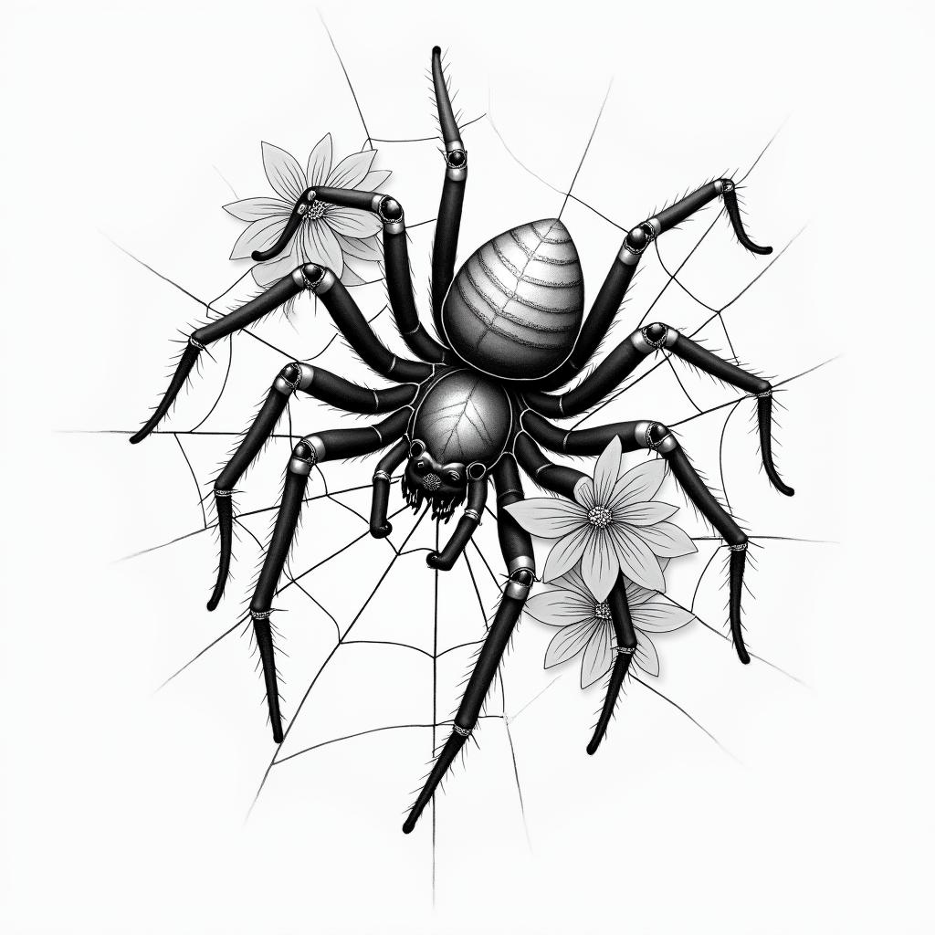 Small spider on web with lots of flowersin japanese style tattoo, detailed tattoo, traditional japanese culture tattoo, mythology, 8k - Variation 10