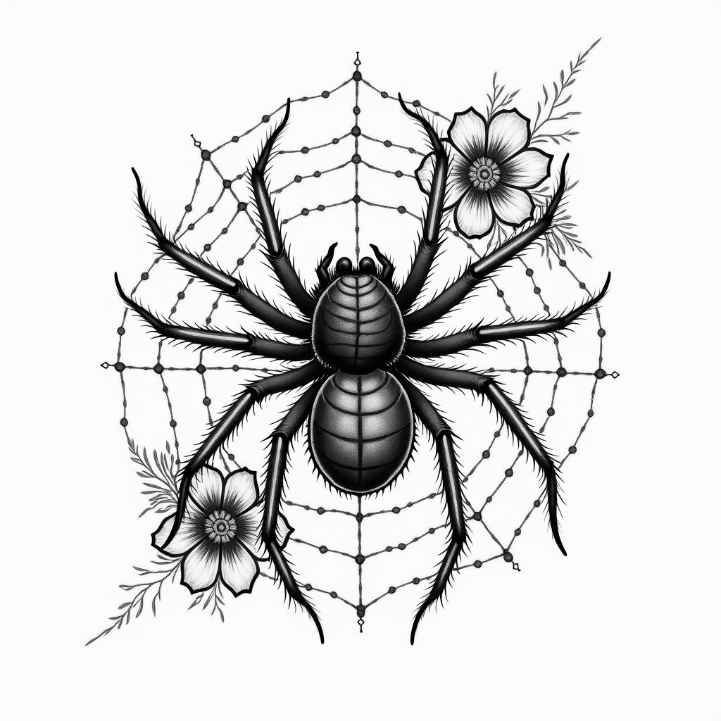 Small spider on web with lots of flowersin japanese style tattoo, detailed tattoo, traditional japanese culture tattoo, mythology, 8k - Variation 12
