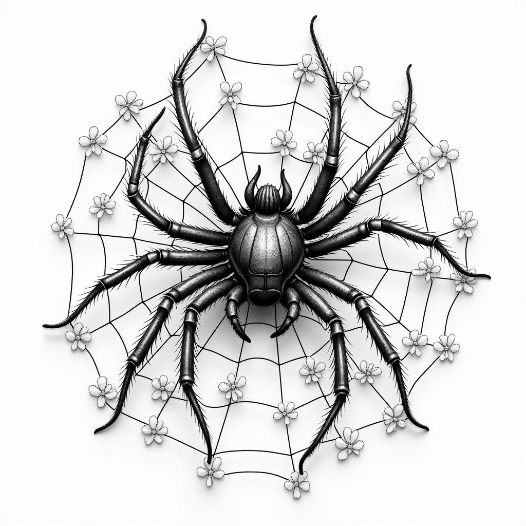 Small spider on web with lots of flowersin japanese style tattoo, detailed tattoo, traditional japanese culture tattoo, mythology, 8k - Variation 14