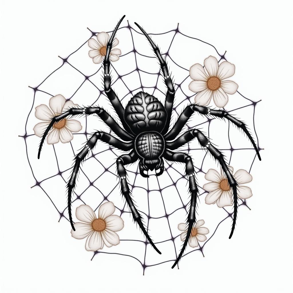 Small spider on web with lots of flowersin japanese style tattoo, detailed tattoo, traditional japanese culture tattoo, mythology, 8k - Variation 13