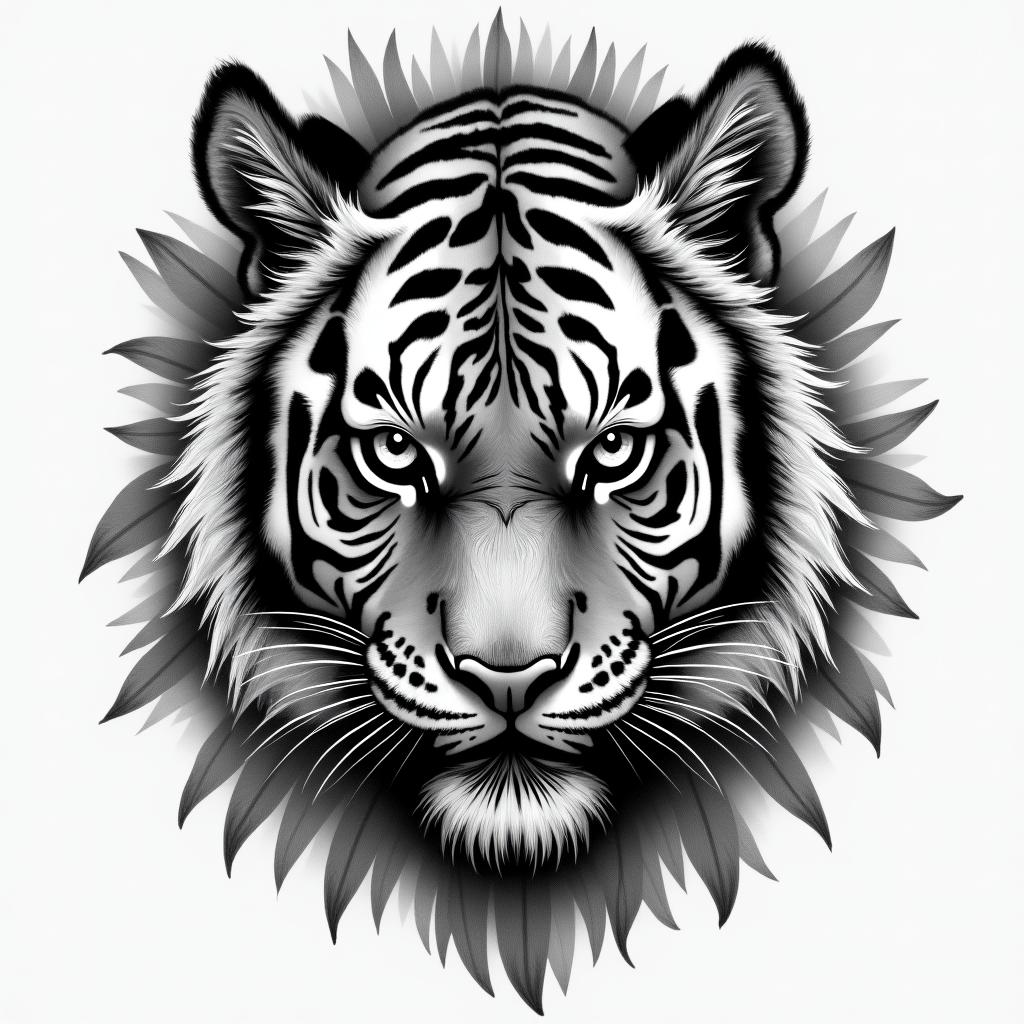 Tiger with intense eyes in a junglehigly detailed tattoo - Variation 15