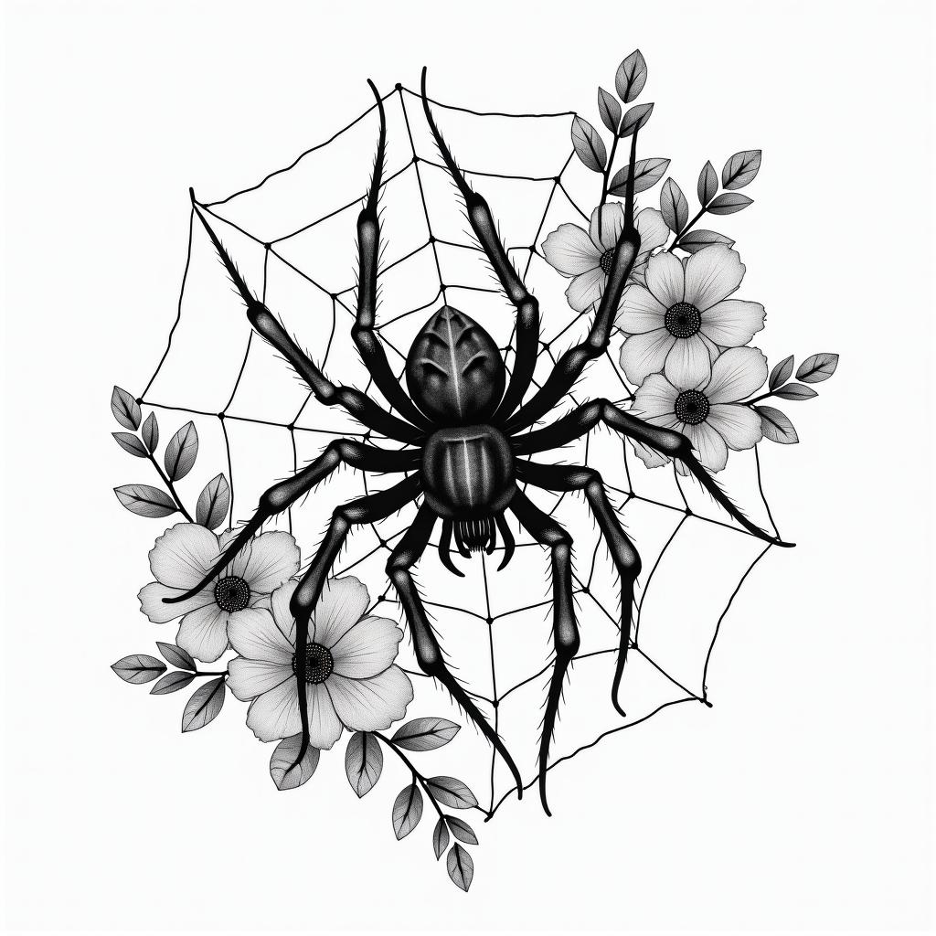 Small spider on web with lots of flowersin japanese style tattoo, detailed tattoo, traditional japanese culture tattoo, mythology, 8k - Variation 8