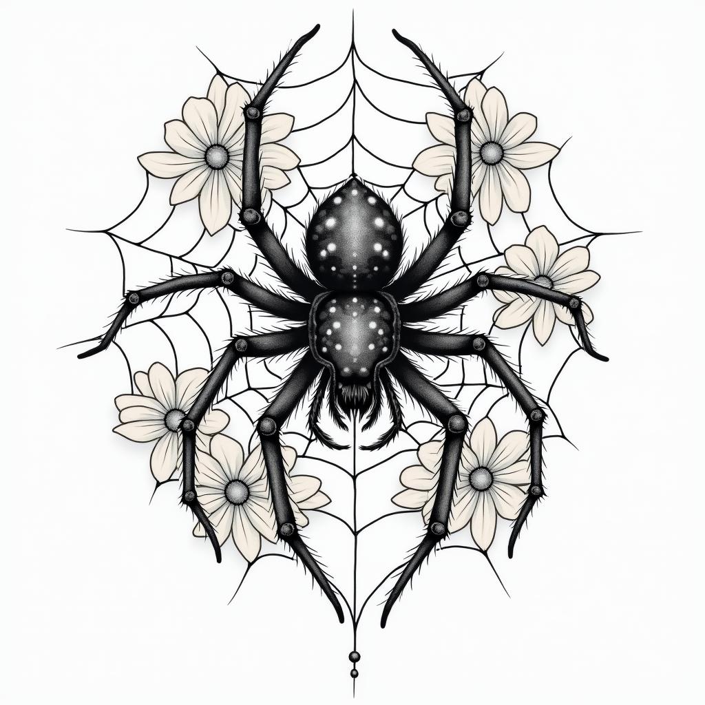 Small spider on web with lots of flowersin japanese style tattoo, detailed tattoo, traditional japanese culture tattoo, mythology, 8k - Variation 6
