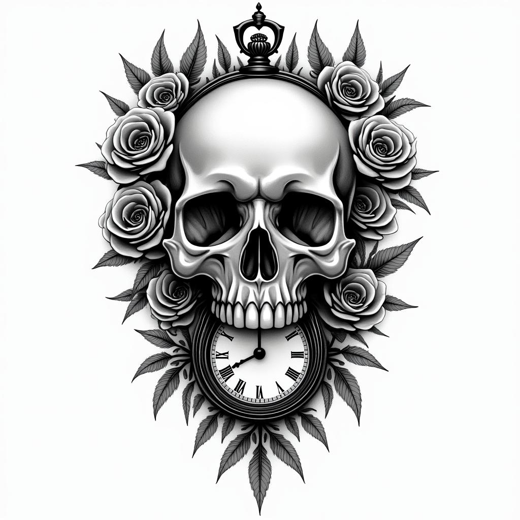 Skull with roses and clock elementstext-based tattoo, gothic font ultra-realistic, perfectly placed, high-quality font design, photo-realistic shading, 8k, high quality, finely detailed typography - Variation 12