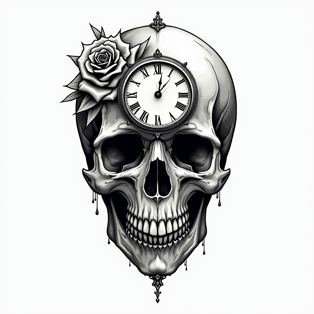 Skull with roses and clock elementstext-based tattoo, gothic font ultra-realistic, perfectly placed, high-quality font design, photo-realistic shading, 8k, high quality, finely detailed typography - Variation 11