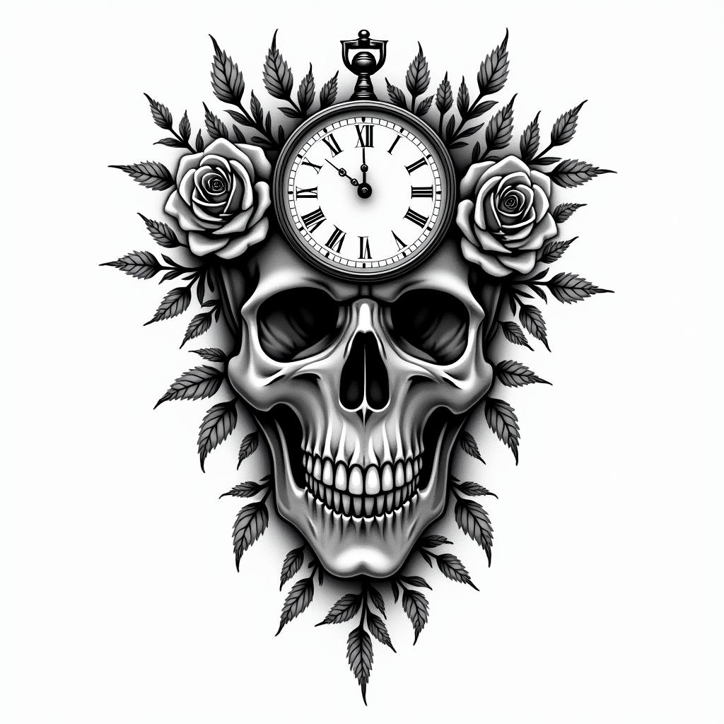 Skull with roses and clock elementstext-based tattoo, gothic font ultra-realistic, perfectly placed, high-quality font design, photo-realistic shading, 8k, high quality, finely detailed typography - Variation 10
