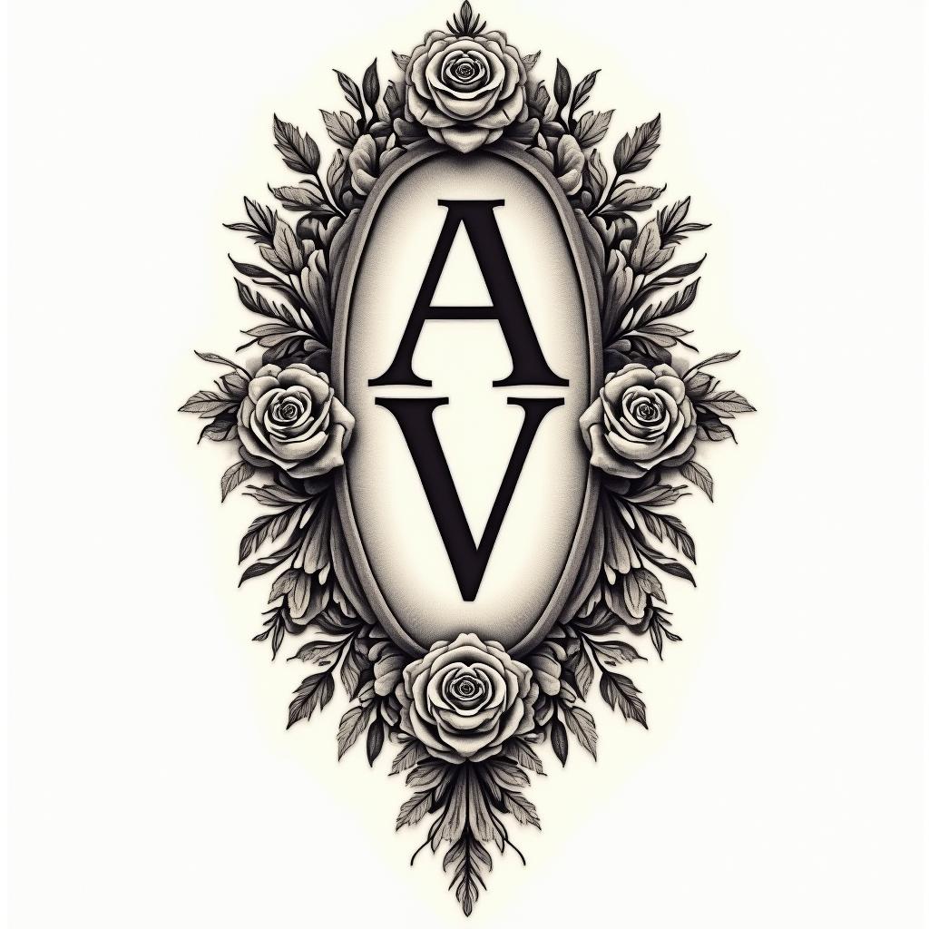 Letters a, e, c, v, h intertwinedin victorian style tattoo, featuring vintage and elegant elements, ornate frames, roses, antique, sepia-toned color scheme - Variation 1