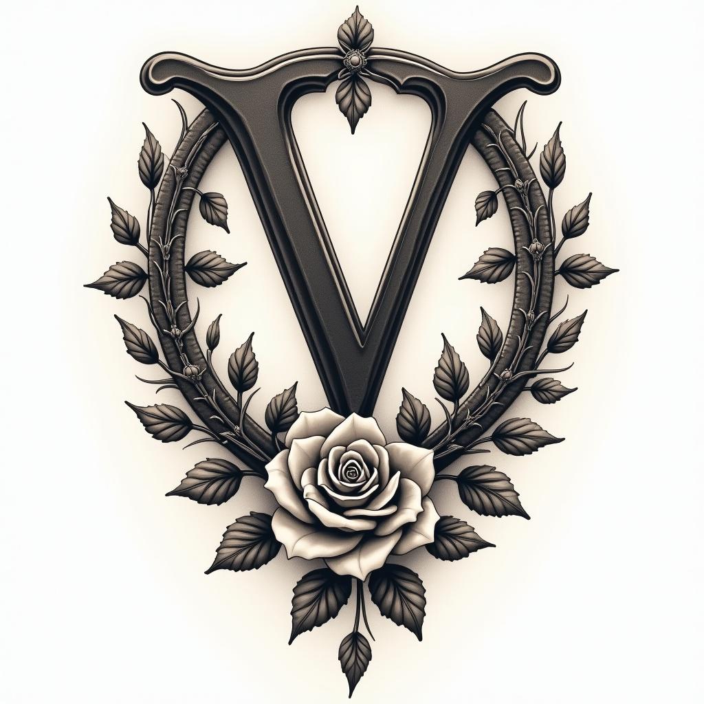 Letters a, e, c, v, h intertwinedin victorian style tattoo, featuring vintage and elegant elements, ornate frames, roses, antique, sepia-toned color scheme - Variation 2
