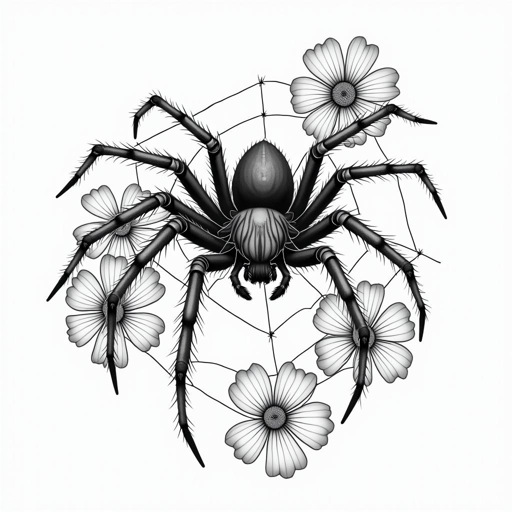 Small spider on web with lots of flowersin japanese style tattoo, detailed tattoo, traditional japanese culture tattoo, mythology, 8k - Variation 4