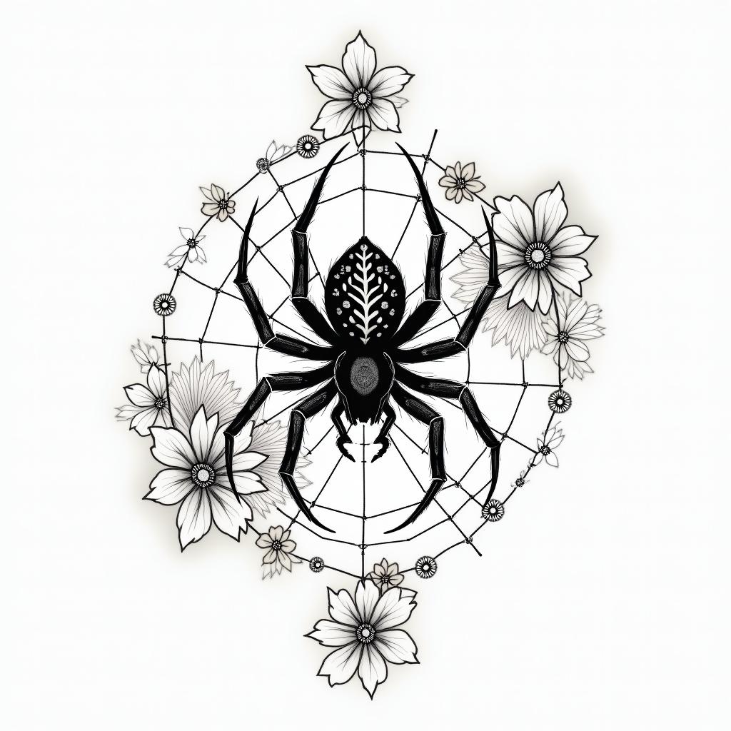Small spider on web with lots of flowersin japanese style tattoo, detailed tattoo, traditional japanese culture tattoo, mythology, 8k - Variation 1