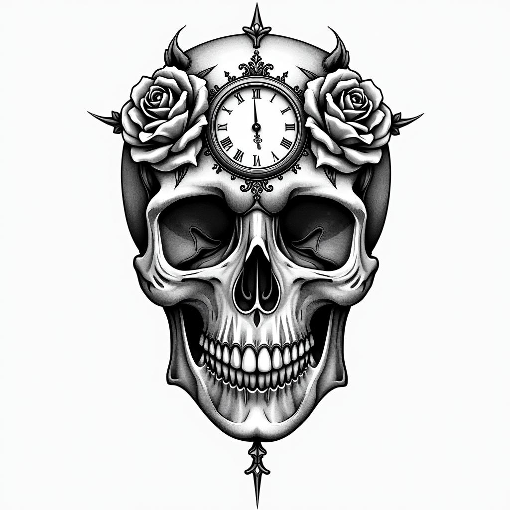 Skull with roses and clock elementsin ornamental tattoo style, featuring intricate symmetrical patterns and floral designs, showcasing highly detailed line work and geometric shapes, creating a sense of elegance and balance - Variation 2