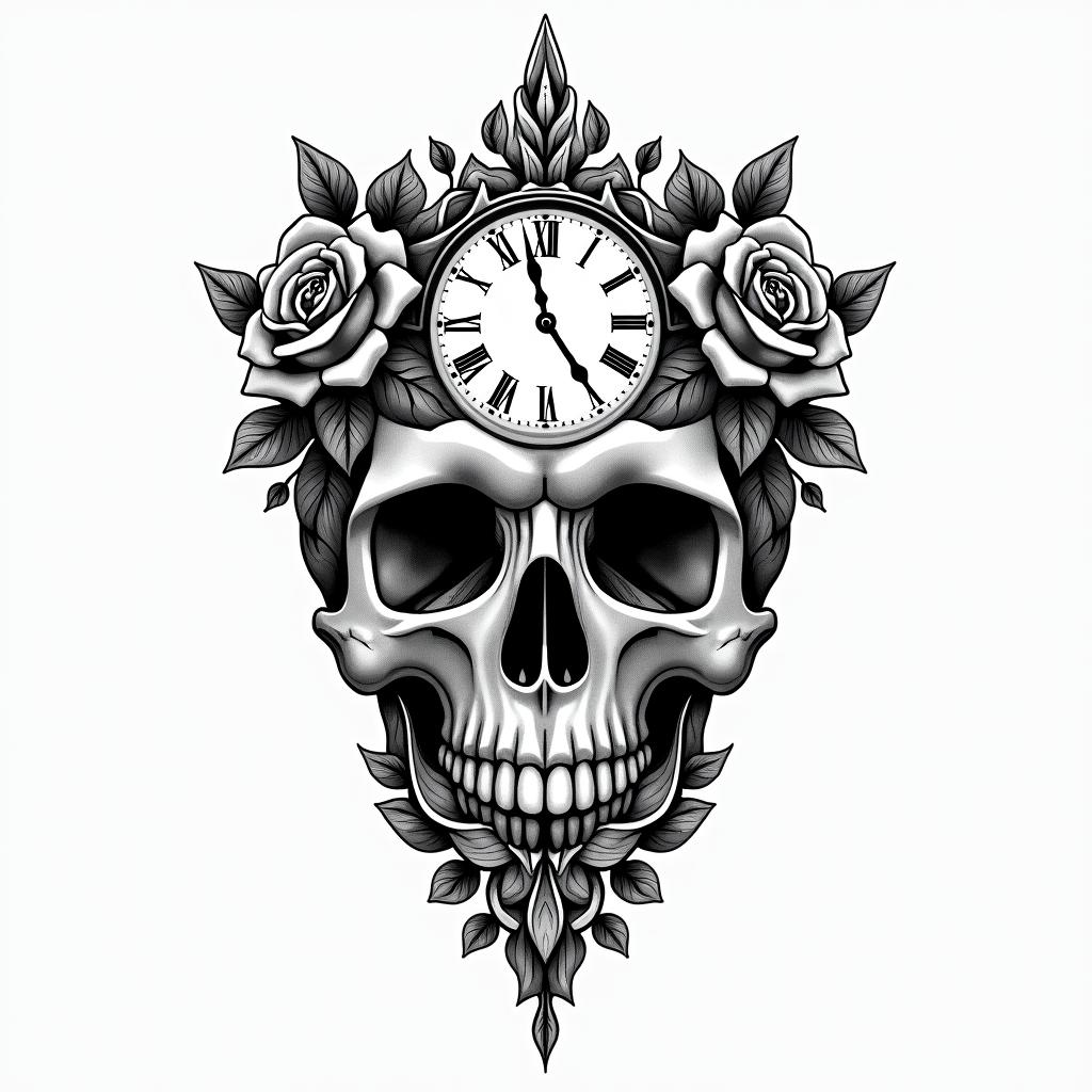 Skull with roses and clock elementsin ornamental tattoo style, featuring intricate symmetrical patterns and floral designs, showcasing highly detailed line work and geometric shapes, creating a sense of elegance and balance