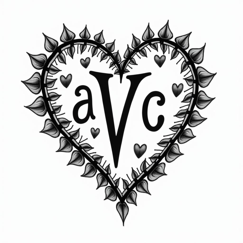 Letters a, e, c, v, h in a heartin bohemian style tattoo, 8k - Variation 1