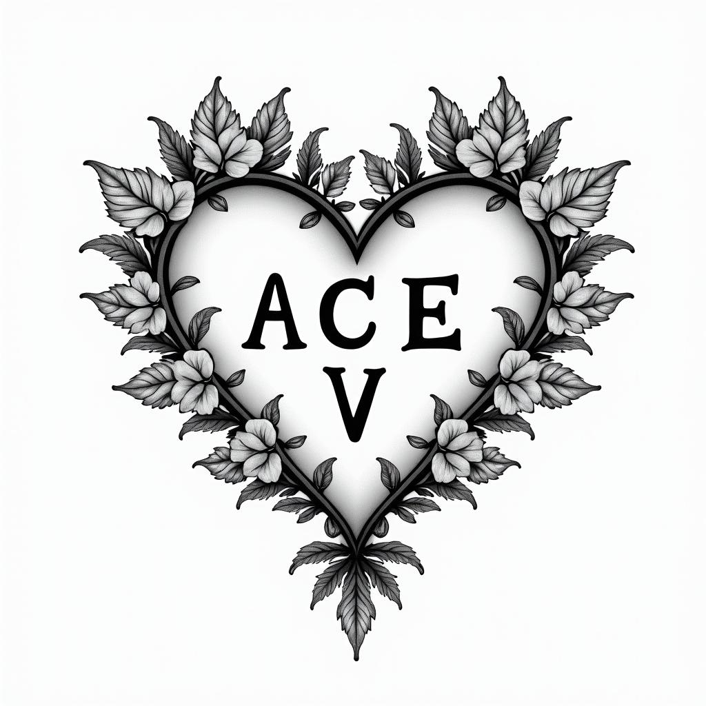 Letters a, e, c, v, h in a heartin bohemian style tattoo, 8k - Variation 2