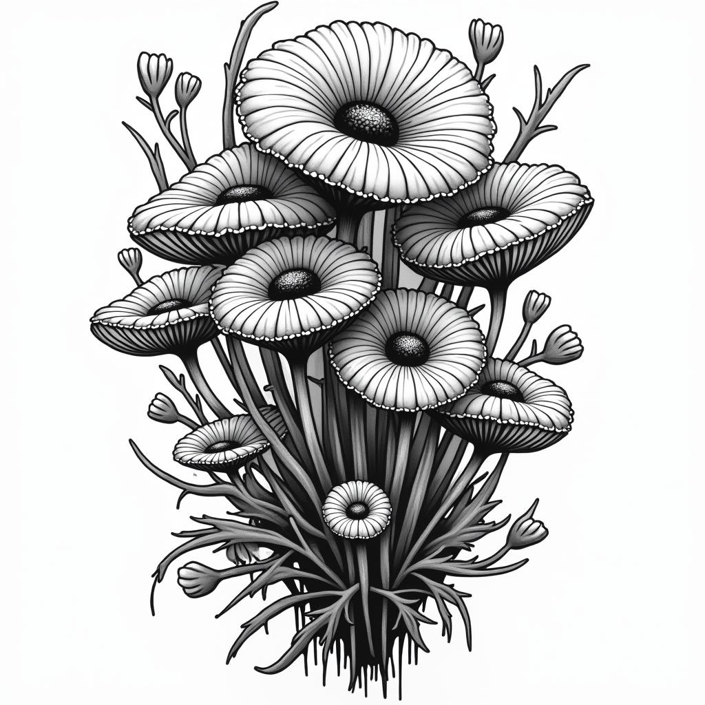 Vines flowers mushroomsin graffiti style tattoo, featuring bold and dynamic street art elements, spray-paint texture with exaggerated lines and expressive, chaotic brushstrokes, intricate lettering incorporated with graffiti tags, symbols like hearts, stars, and wings - Variation 2