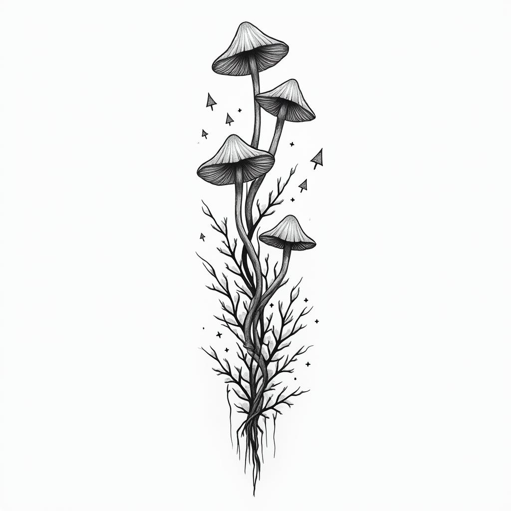 Vines flowers and mushrooms trippyin minimalist style tattoo, featuring simple shapes and fine lines, with minimal shading and details, tiny triangles, creating a sense of balance and harmony - Variation 1