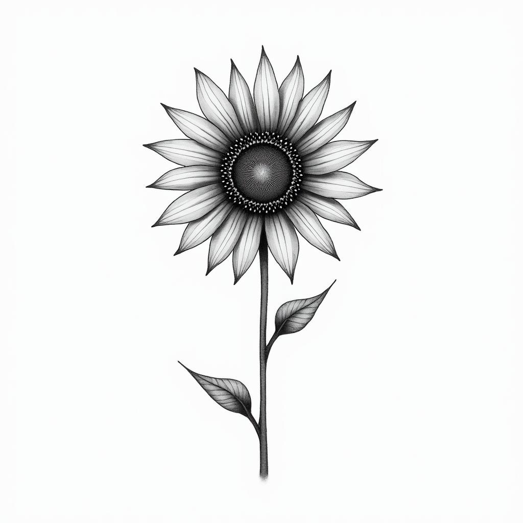 Sunflower flowerin minimalist style tattoo, featuring simple shapes and fine lines, with minimal shading and details, tiny triangles, creating a sense of balance and harmony - Variation 3