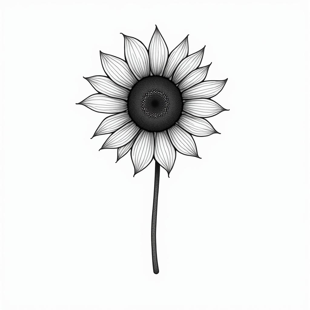 Sunflower flowerin minimalist style tattoo, featuring simple shapes and fine lines, with minimal shading and details, tiny triangles, creating a sense of balance and harmony - Variation 1