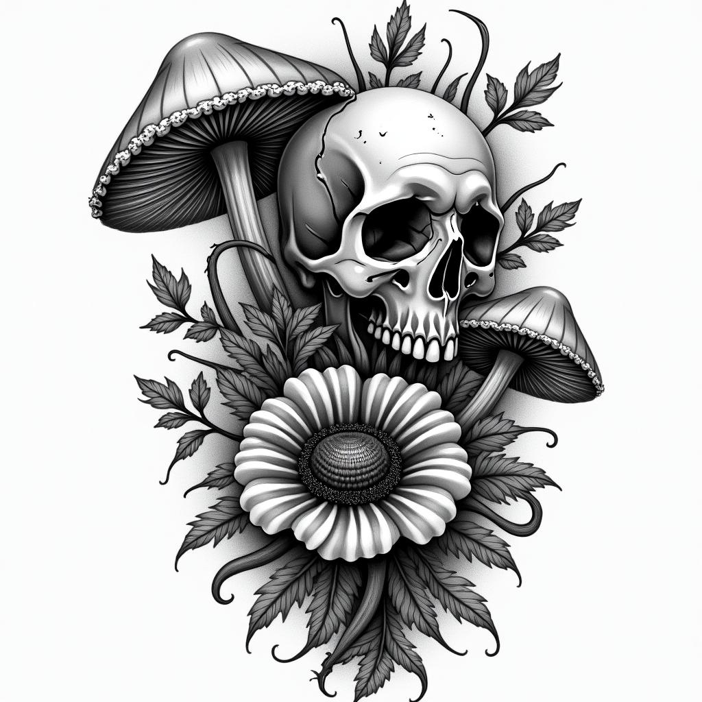 Vines flowers and mushrooms trippy in horror tattoo style, showcasing haunting and unsettling, dark and gritty textures with skulls, eerie faces, jgged designs, bold and intense shading - Variation 2