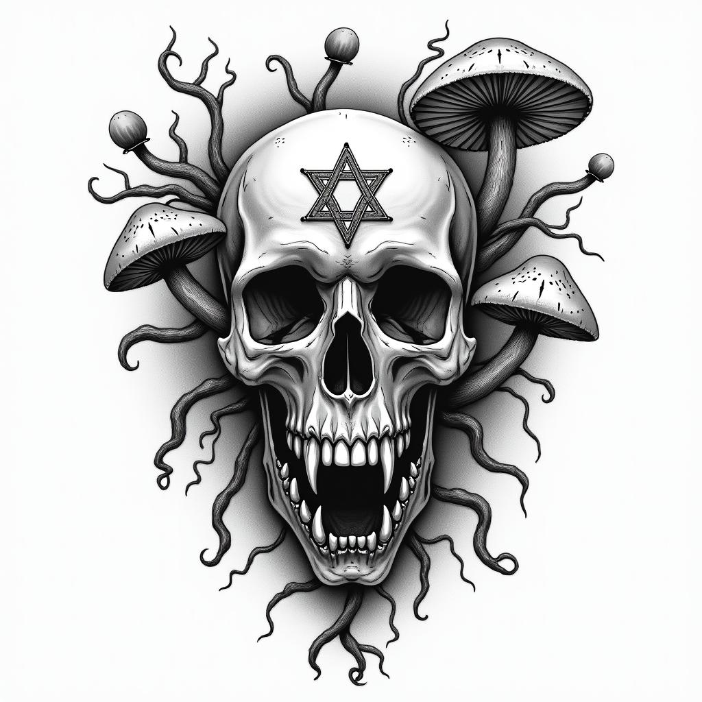 Vines flowers and mushrooms trippycreepy horror tattoo style, featuring an eerie and unsettling skull of a demonic creature, distorted face with sharp fangs, add pentagram symbol - Variation 2