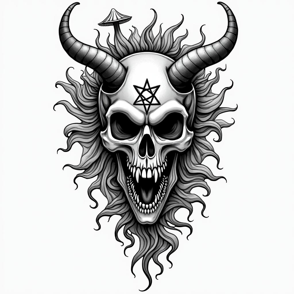 Vines flowers and mushrooms trippycreepy horror tattoo style, featuring an eerie and unsettling skull of a demonic creature, distorted face with sharp fangs, add pentagram symbol - Variation 4