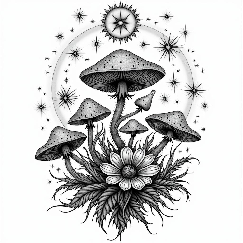 Vines flowers and mushrooms trippyin prophecy tattoo style, featuring mystical symbols, celestial imagery like stars, moons, suns, geometric patterns, foretelling elements, an eye of wisdom - Variation 3