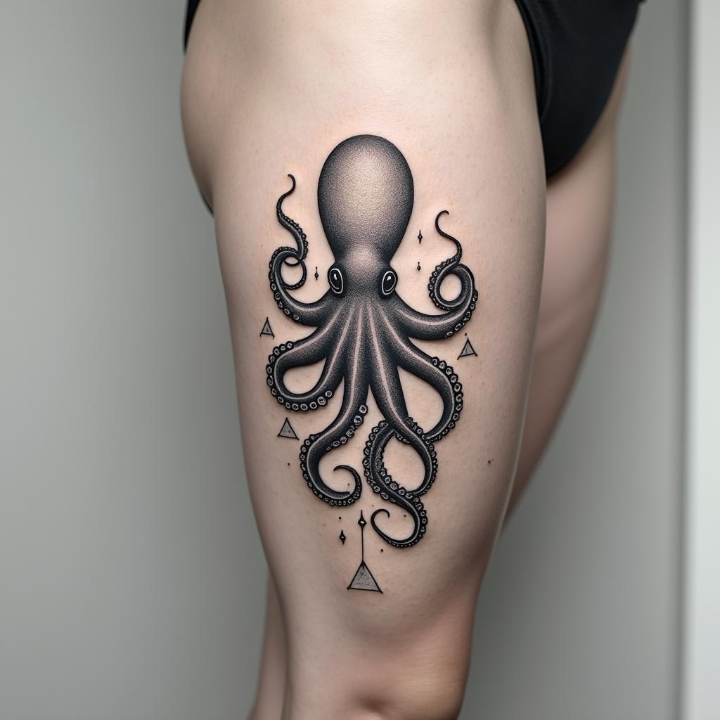 Feminine octopusin minimalist style tattoo, featuring simple shapes and fine lines, with minimal shading and details, tiny triangles, creating a sense of balance and harmony - Variation 1