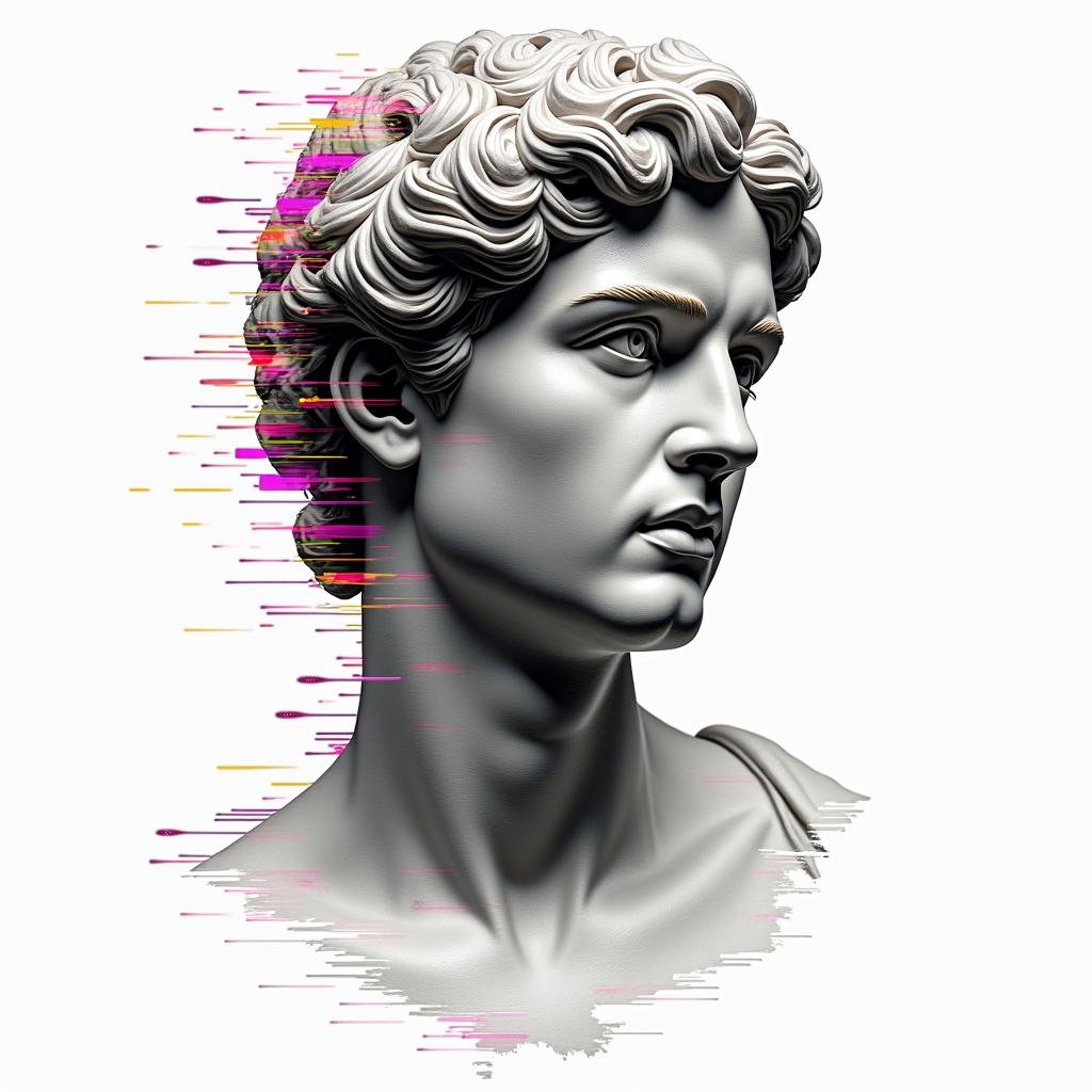 Bryan 24/06/199in distorted and fragmented tattoo design, featuring a classical statue bust, in a glitch art style with vibrant, overlapping colors of cyan, magenta, and yellow, creating a digital distortion effect - Variation 2