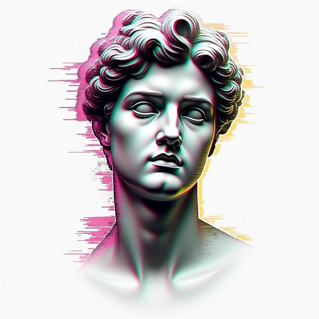 Bryan 24/06/199in distorted and fragmented tattoo design, featuring a classical statue bust, in a glitch art style with vibrant, overlapping colors of cyan, magenta, and yellow, creating a digital distortion effect