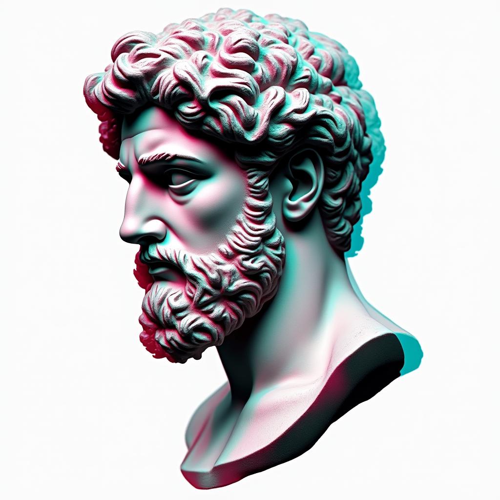 Bryan 24/06/199in distorted and fragmented tattoo design, featuring a classical statue bust, in a glitch art style with vibrant, overlapping colors of cyan, magenta, and yellow, creating a digital distortion effect - Variation 4