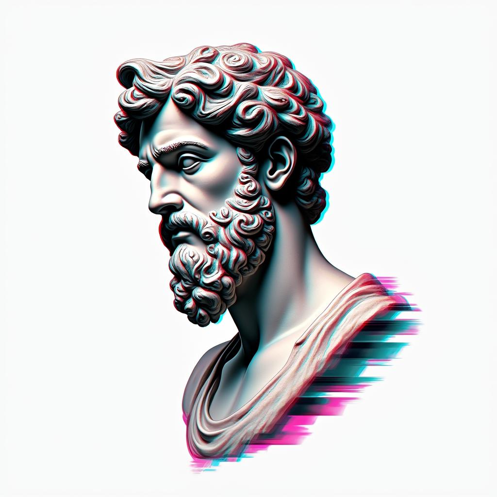 Bryan 24/06/199in distorted and fragmented tattoo design, featuring a classical statue bust, in a glitch art style with vibrant, overlapping colors of cyan, magenta, and yellow, creating a digital distortion effect - Variation 3