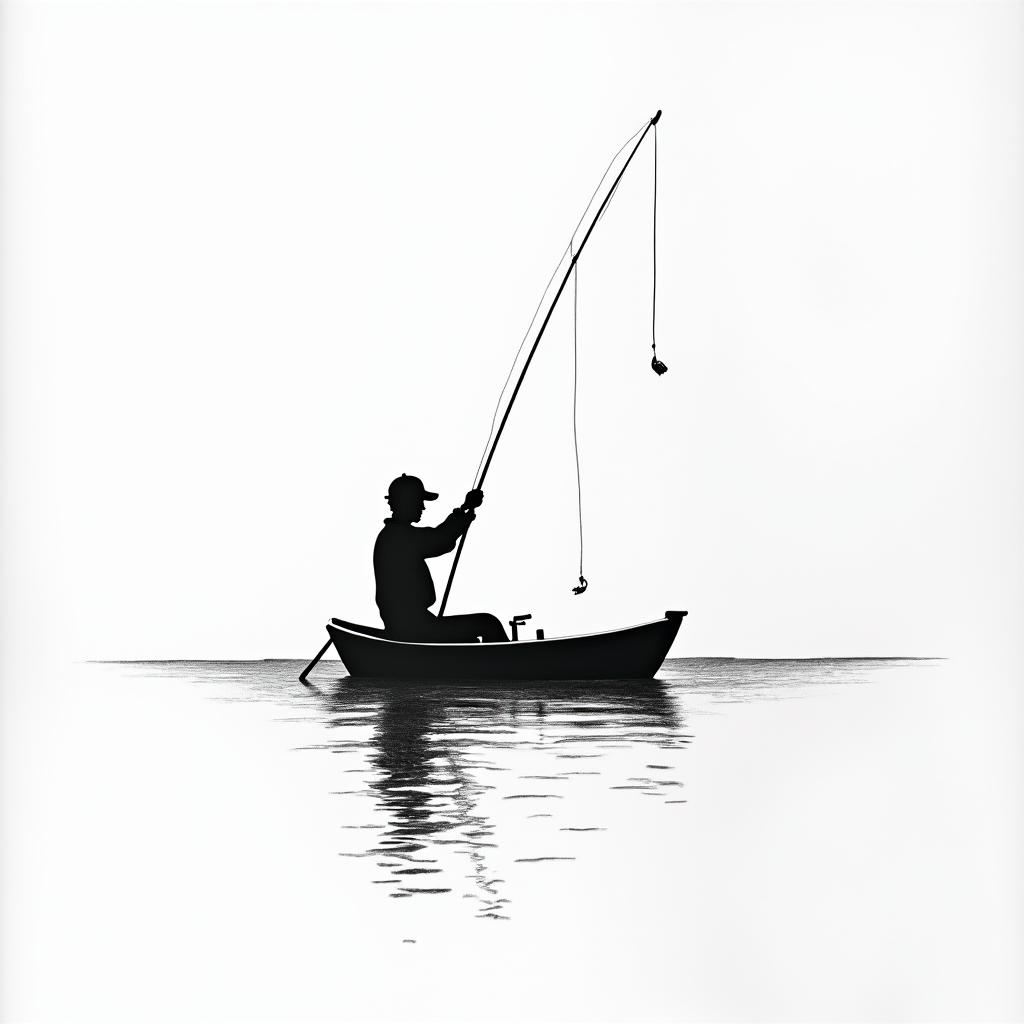 A fine line silhouette tattoo featuring a person casting a fishing line from a small boat, capturing a serene moment on the water with gentle ripples, evoking nostalgia and memorable childhood fishing trips with a grandparent. The design has a minimalist style, focusing on the silhouette against the tranquil water backdrop.higly detailed tattoo - Variation 2