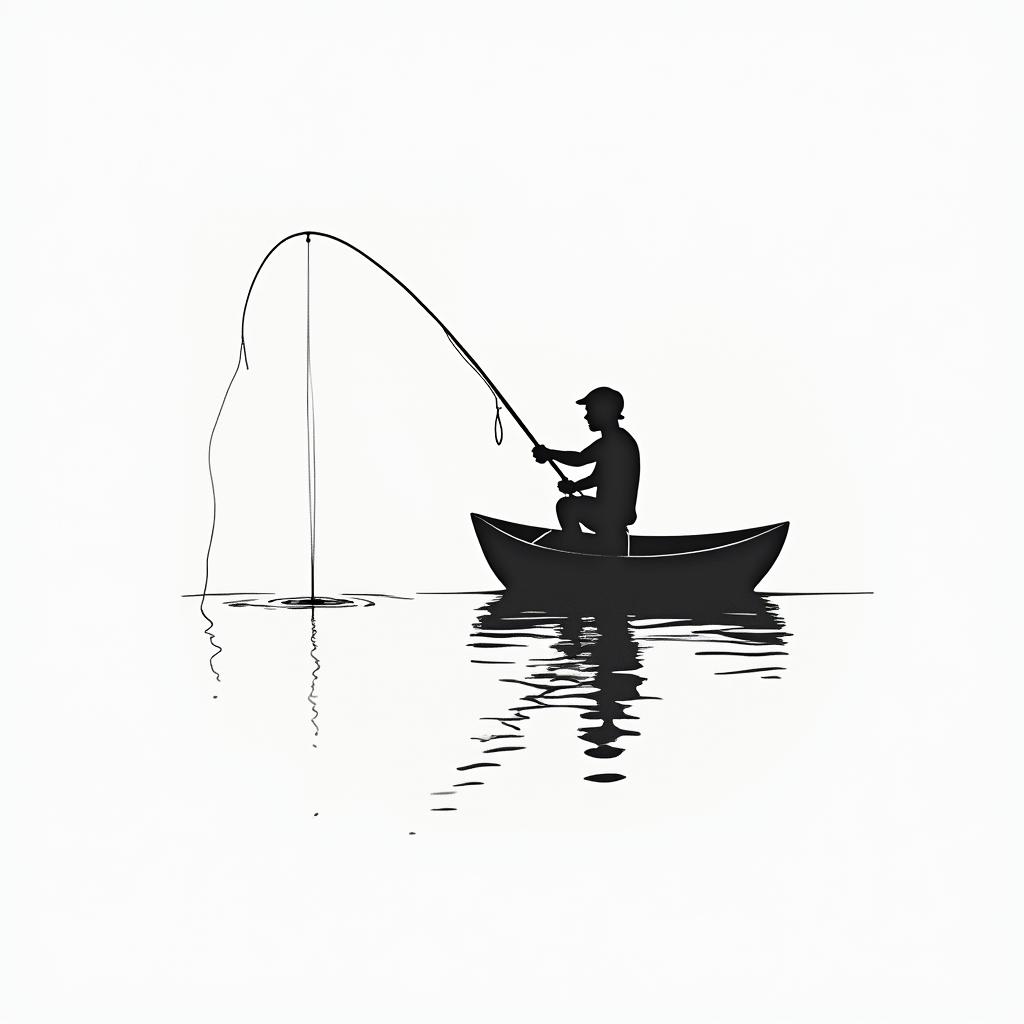 A fine line silhouette tattoo featuring a person casting a fishing line from a small boat, capturing a serene moment on the water with gentle ripples, evoking nostalgia and memorable childhood fishing trips with a grandparent. The design has a minimalist style, focusing on the silhouette against the tranquil water backdrop.higly detailed tattoo