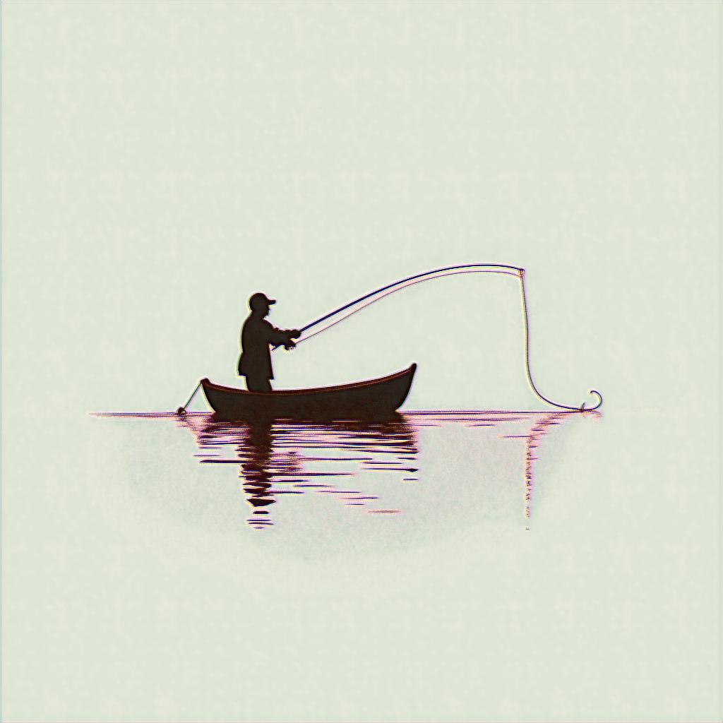 A fine line silhouette tattoo featuring a person casting a fishing line from a small boat, capturing a serene moment on the water with gentle ripples, evoking nostalgia and memorable childhood fishing trips with a grandparent. The design has a minimalist style, focusing on the silhouette against the tranquil water backdrop.higly detailed tattoo - Variation 4