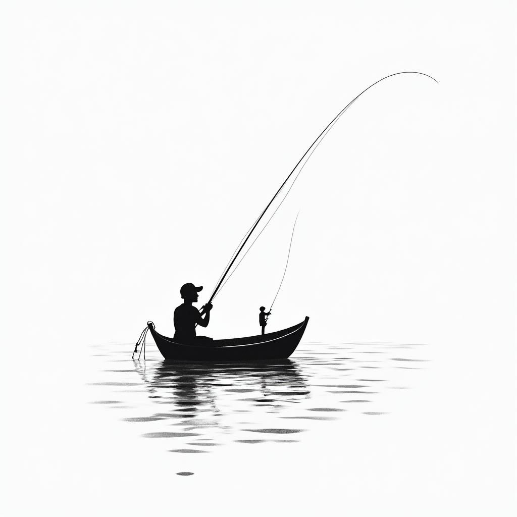 A fine line silhouette tattoo featuring a person casting a fishing line from a small boat, capturing a serene moment on the water with gentle ripples, evoking nostalgia and memorable childhood fishing trips with a grandparent. The design has a minimalist style, focusing on the silhouette against the tranquil water backdrop.higly detailed tattoo - Variation 3